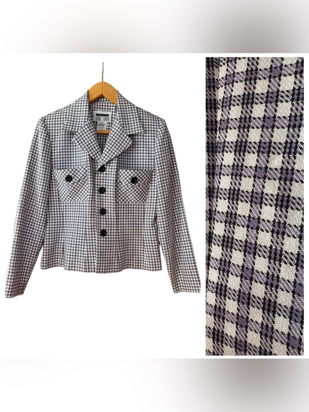 Vintage lois snyder dani max Black White Lavender Checkered Plaid Jacket Size 6